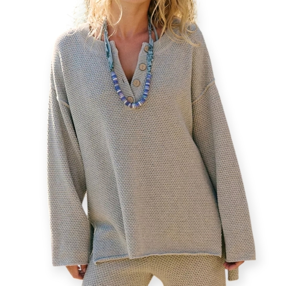Free People Beach Hailee Henley Knit Sweater 100% Cotton Grey Oversized Large
